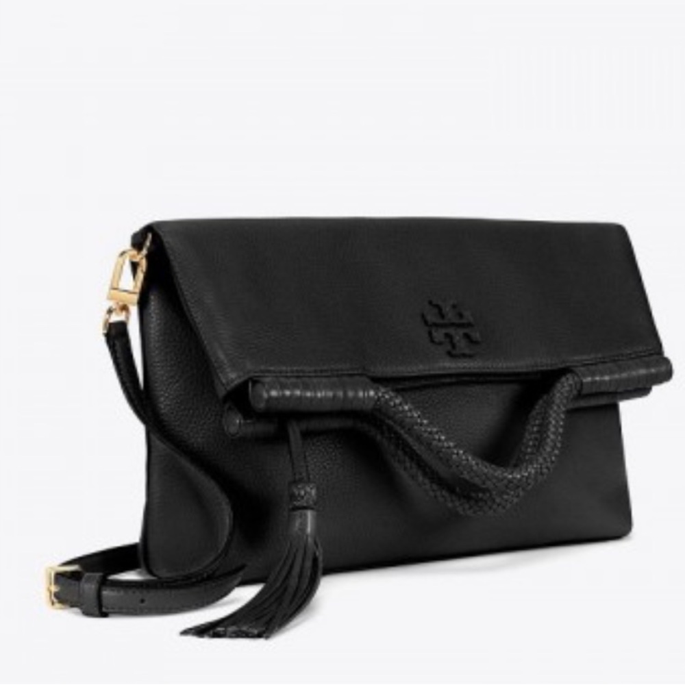 Tory Burch Black Leather convertible Fold-Over Crossbody with Braided Handle